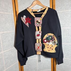 Applied Design Black Quilted Sweatshirt Applique Buttons Garden Seed Packets